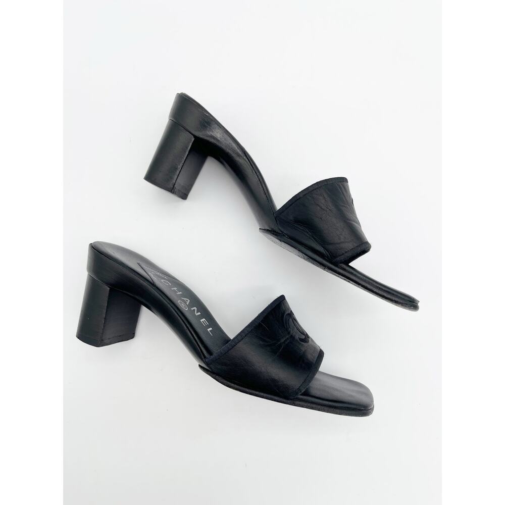Chanel Vintage Black Leather CC Logo Classic Mule Heeled Sandals Square Toe US 6 - Picture 5 of 11